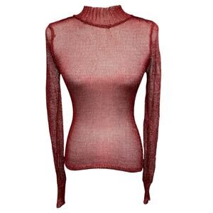 Forever 21 Women's Small Dark Red Sheer Mesh Glitter Turtleneck Sweater, Flawed